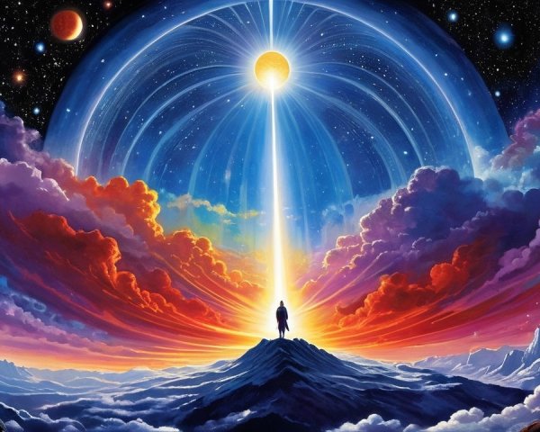 Cosmic Landscape with Mountaintop Figure and Sun