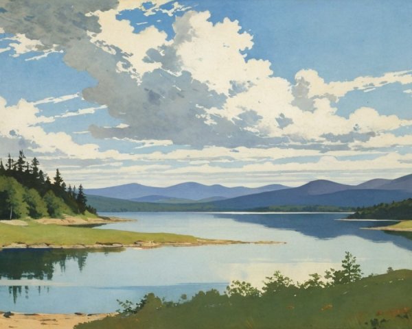 Tranquil Lake Surrounded by Lush Greenery and Hills