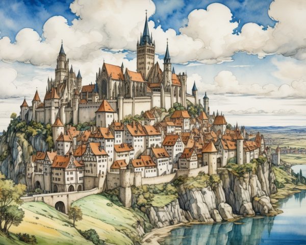 Castle on a Cliff Overlooking a Quaint Village