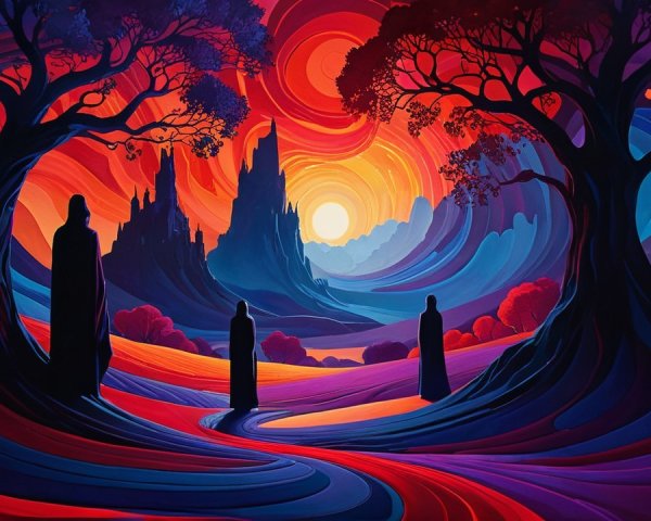 Surreal Landscape with Bold Colors and Castle Background