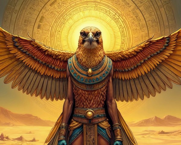 Falcon-Headed Figure in Golden Armor Against Sunlit Background