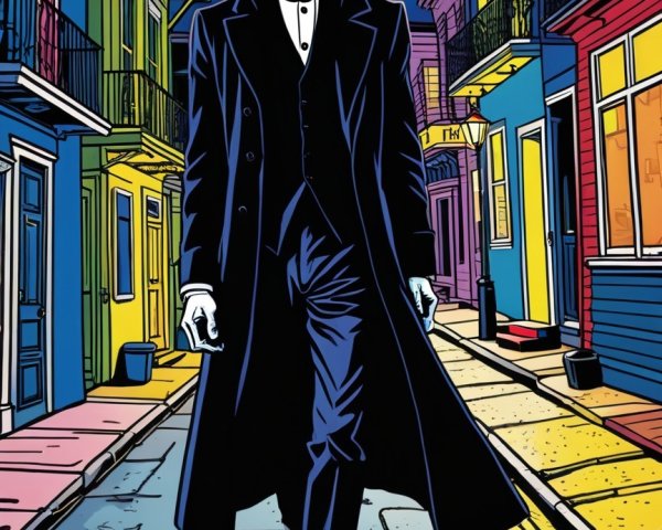 Humanoid vampire walking in vibrant New Orleans street at night