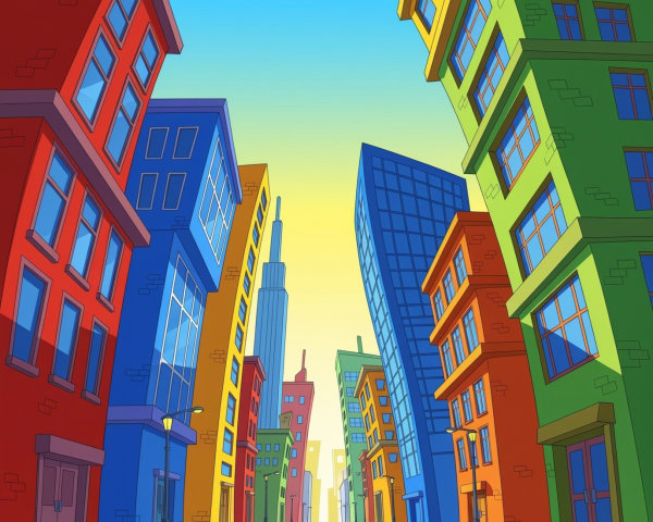Colorful Cartoon-Style Cityscape with Skyscrapers