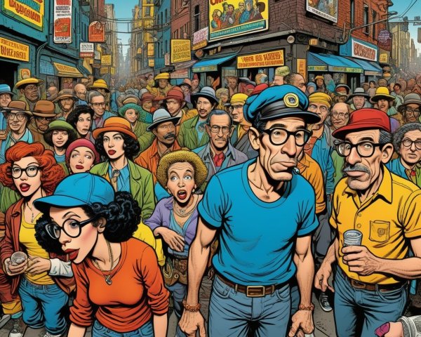 Vibrant Street Scene with Diverse Crowd and Colorful Buildings