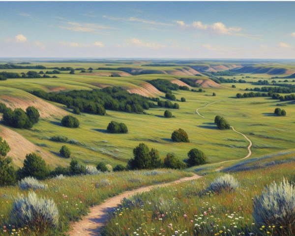 Serene Countryside Landscape with Rolling Hills and Trees