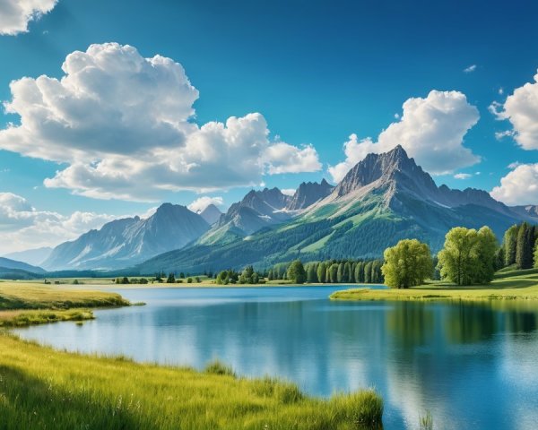 Serene Lake Surrounded by Majestic Mountains and Meadows