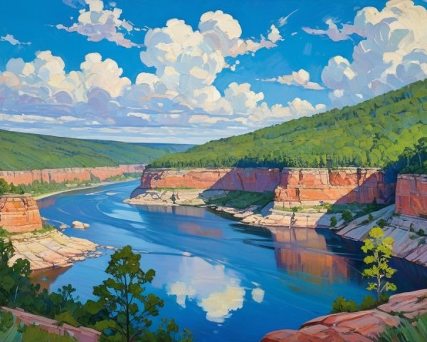 Serene Landscape with River and Red Cliffs