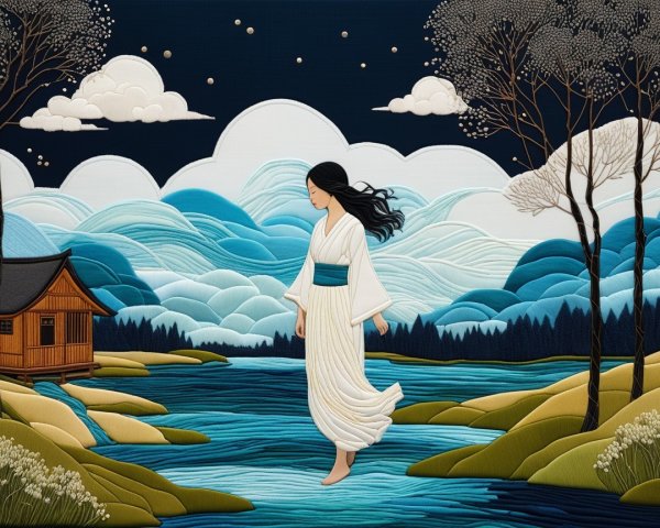 Serene landscape with water, hills, and a woman in kimono