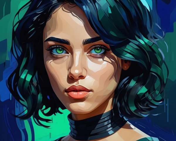Portrait of a Young Woman with Emerald Eyes and Teal Hair