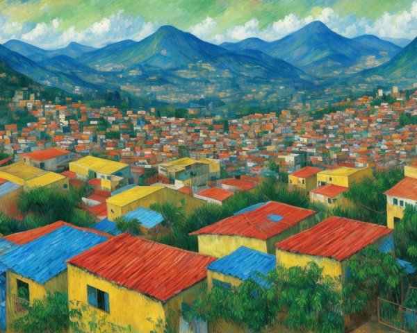 Vibrant Landscape with Colorful Rooftops and Mountains