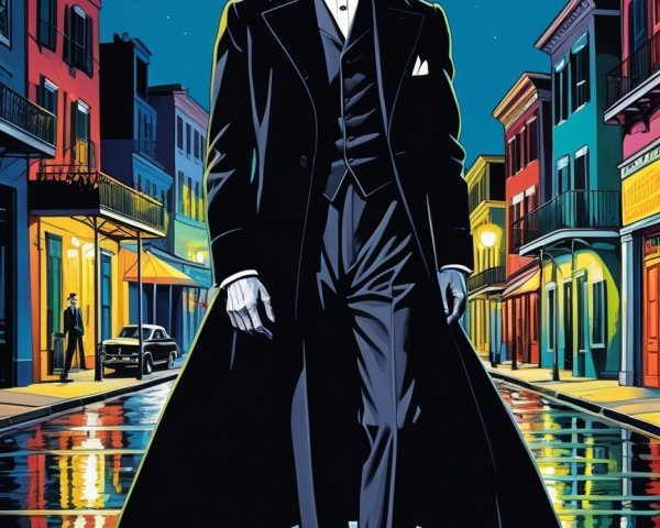 Full body portrait of Dracula in a neonpunk city