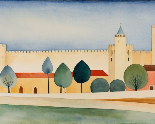 Watercolor Landscape of a Medieval Castle Scene