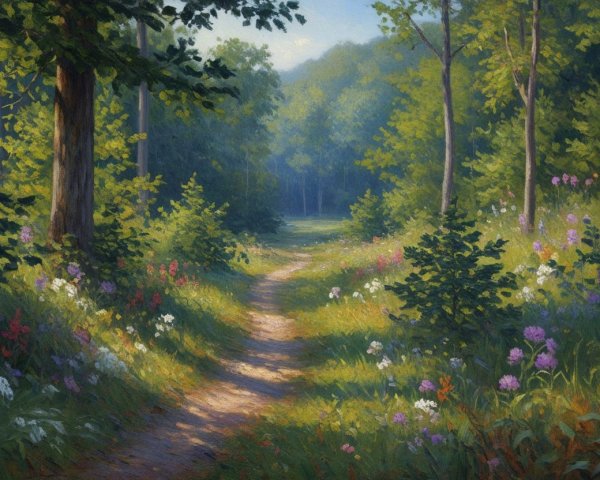 Woodland Scene with Winding Path and Wildflowers
