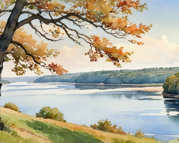 Tranquil River in Lush Autumn Landscape