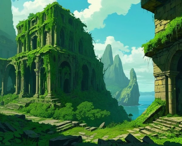 Lush Overgrown Landscape with Ancient Ruins and Cliffs