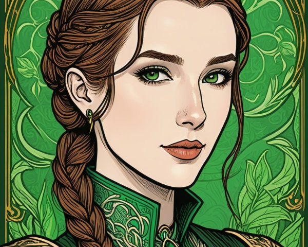 Young Woman in Green Gown Amidst Botanical Background