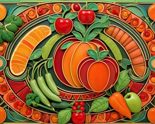 Vibrant Decorative Arrangement of Fruits and Vegetables