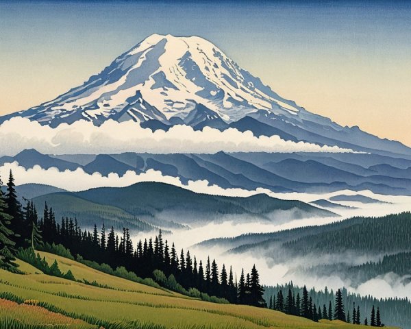 Serene Landscape with Snow-Capped Mountain and Forests