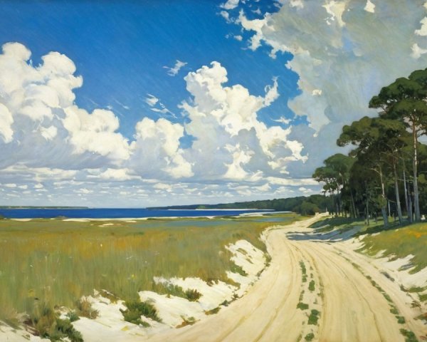 Serene Landscape with Winding Road and Water Body