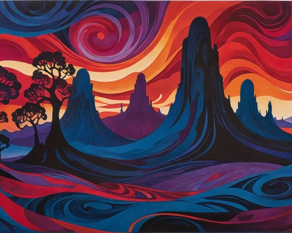 Vibrant Abstract Landscape with Bold Colors and Forms