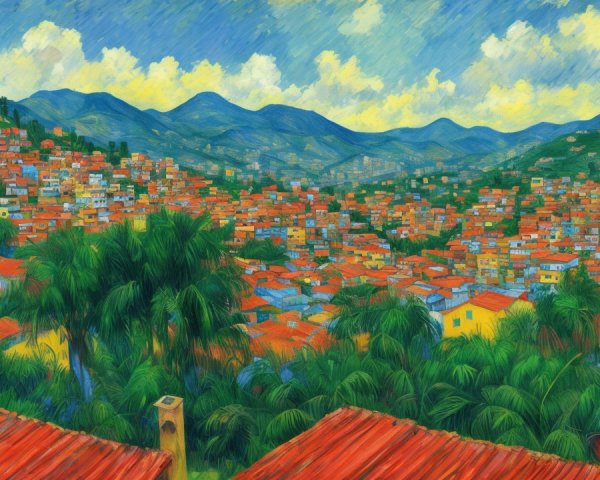 Vibrant hillside community with colorful houses and greenery