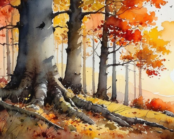 Serene Autumn Landscape with Tall Trees and Sunset