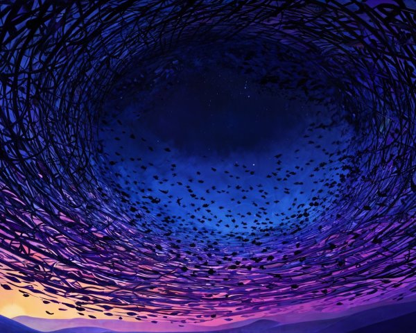 Vortex of Swirling Shapes in Gradient Sky Scene