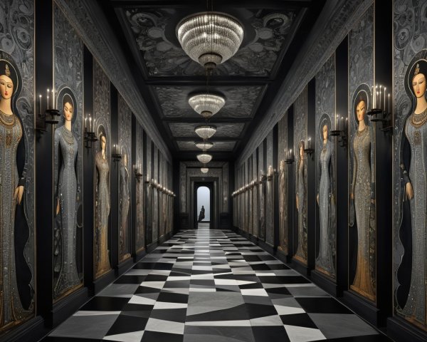 Elegant Dimly Lit Hallway with Checkered Floor