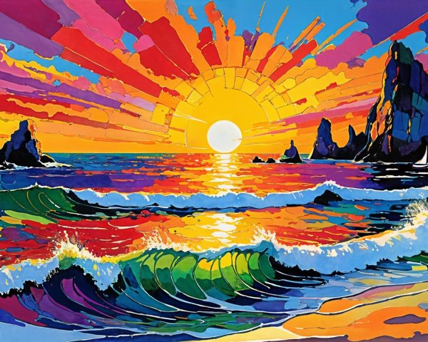 Vibrant Sunset Over Tranquil Sea and Rock Formations