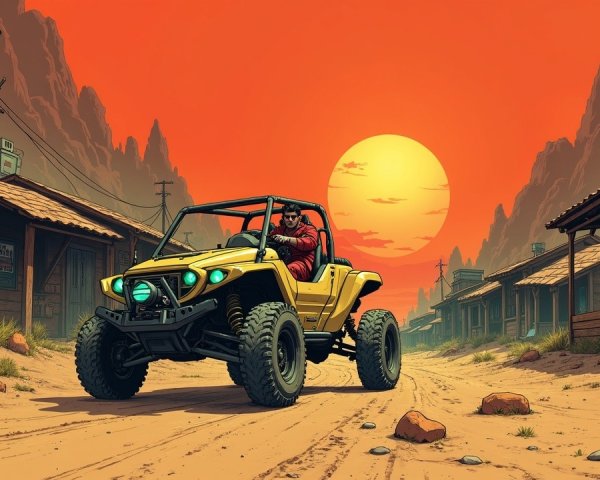 Off-Road Vehicle in Desert Ghost Town at Sunset