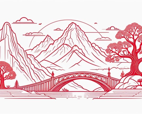 Stylized Landscape with Mountains and Bridge Illustration