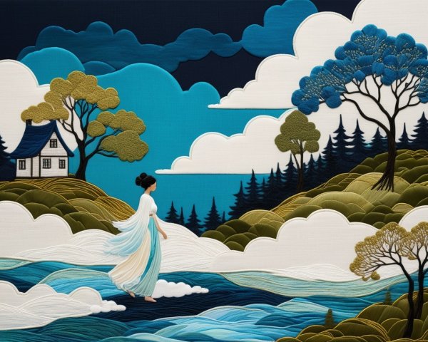 Serene Landscape with Embroidery and Vibrant Hills