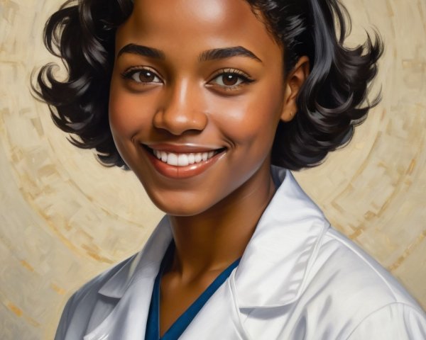 Young Woman in Lab Coat with Warm Smile and Confidence