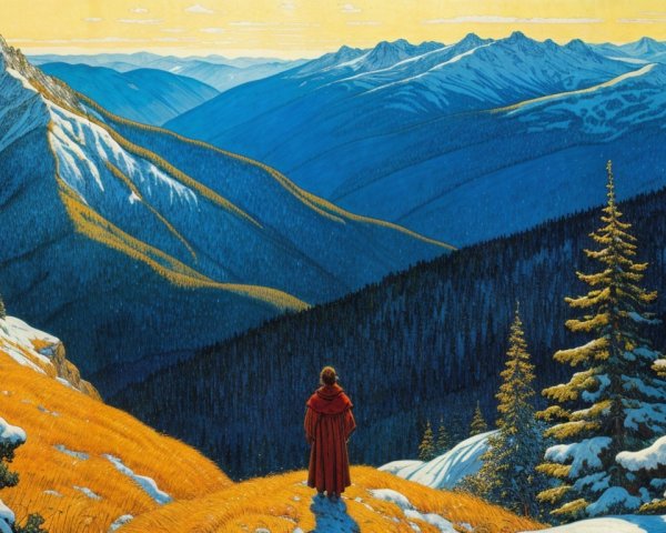 Figure in Red Cloak on Mountain Trail Landscape