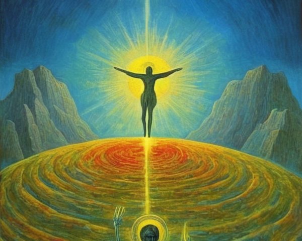 Vibrant Symbolic Landscape with Radiant Sun and Figures