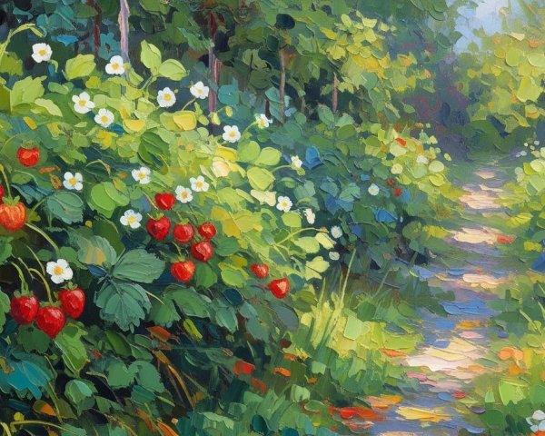 Vibrant garden path with strawberry plants and flowers