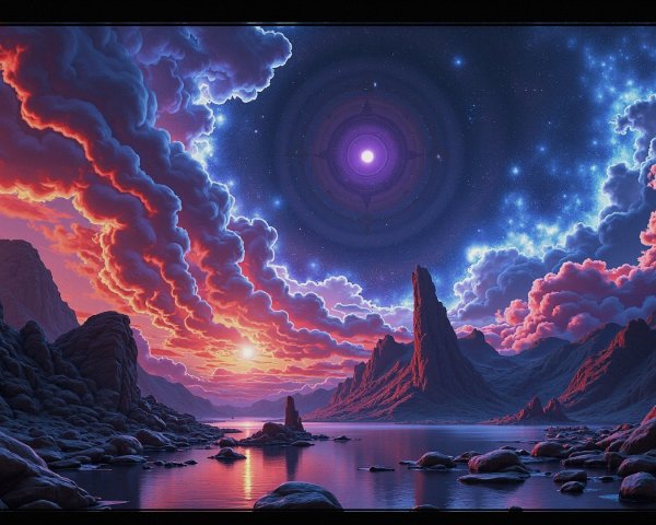 Vibrant Landscape with Rock Formations and Celestial Body