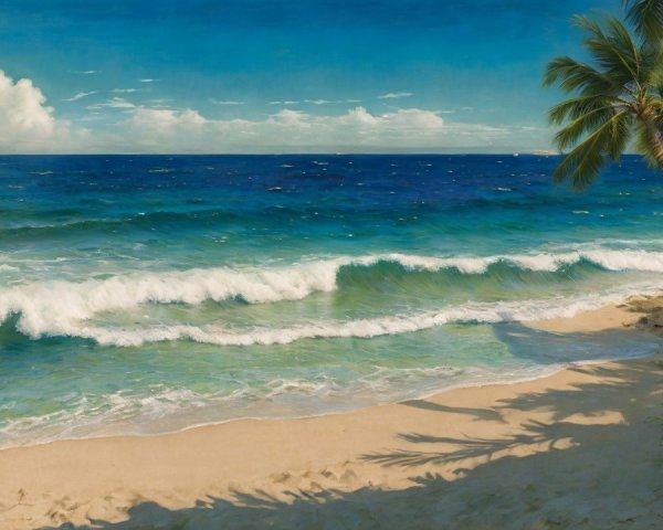 Serene beach scene with palm trees and vibrant flowers