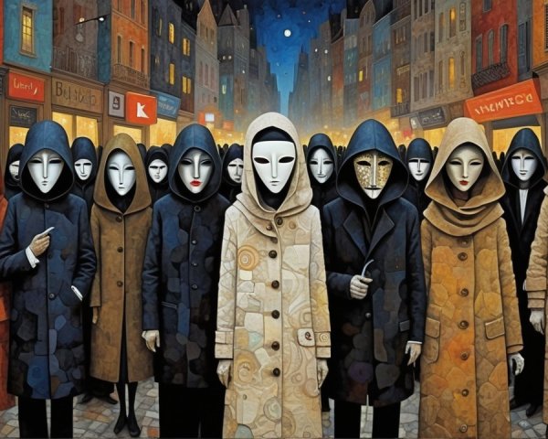 Masked Figures in Surreal Street Scene with Hooded Coats