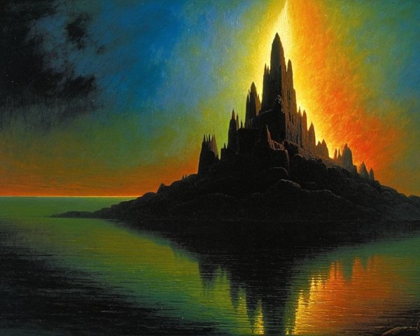 Surreal Landscape of Mountain and Sunset over Sea