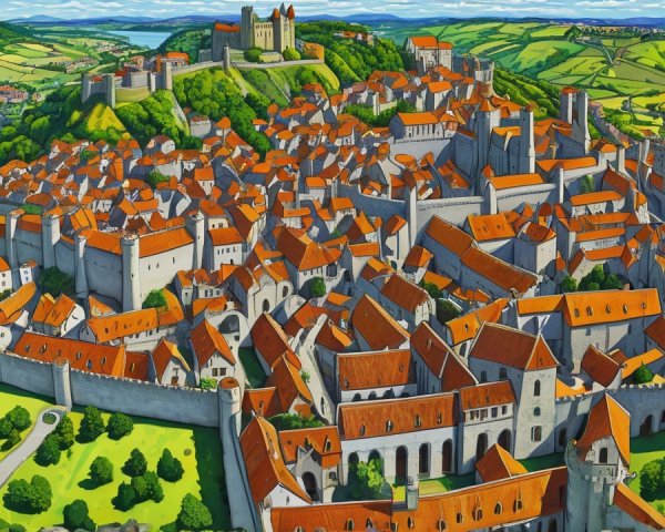 Medieval Castle Landscape with Fortified Town and River