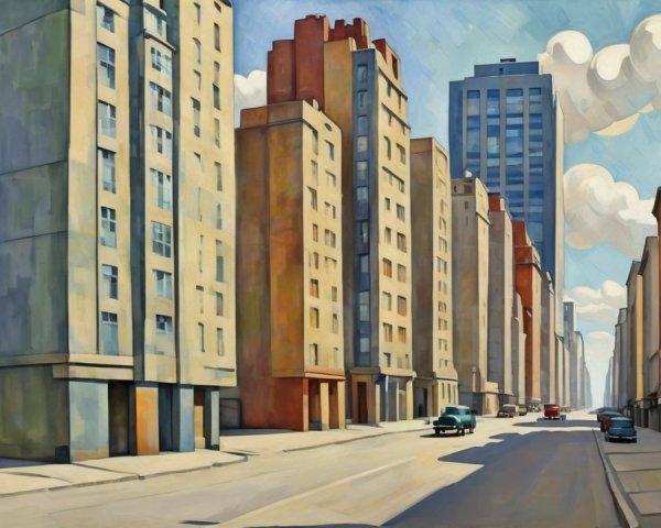 Wide-angle street painting with tall buildings and cars