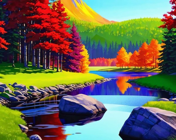 Vibrant Autumn Landscape with Serene River and Mountains