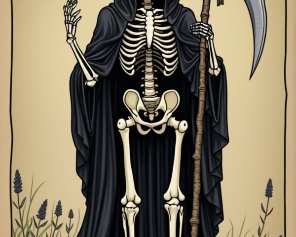 Skeletal Figure of Death in Dark Cloak with Scythe