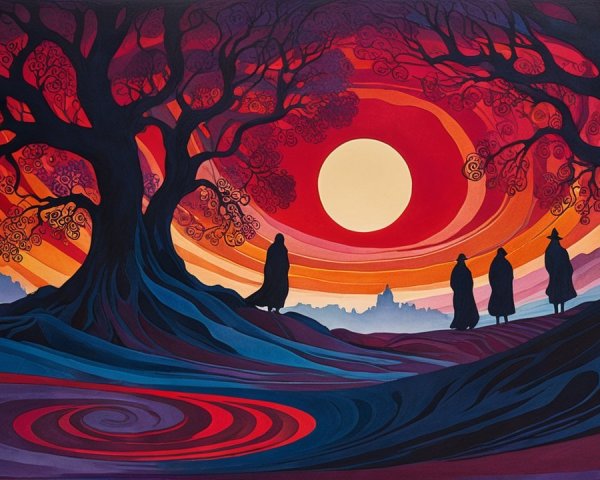 Surreal Sunset Landscape with Cloaked Figures and Cityscape