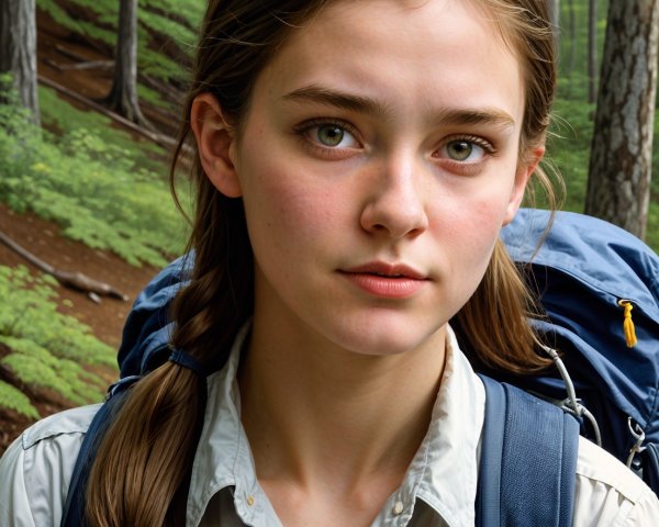 Young Woman in Lush Forest with Blue Backpack