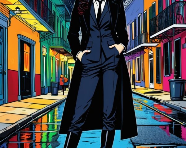 Comic-Book Style Woman in Colorful Night Street Scene