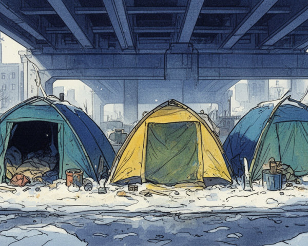 Watercolor Sketch of Homeless Encampment Under Bridge