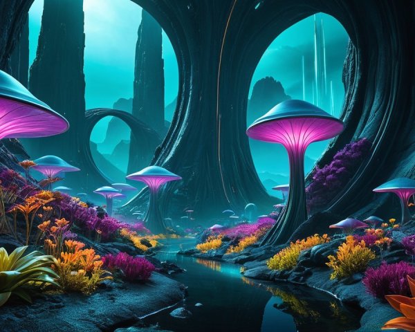 Surreal Landscape with Towering Rock Formations and Mushrooms