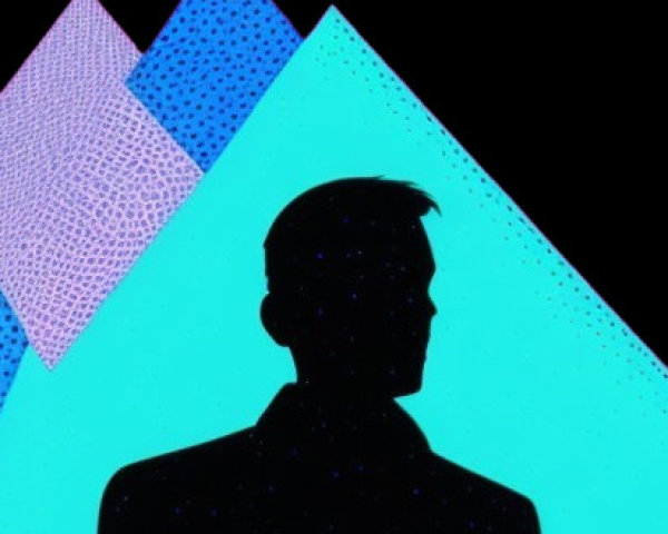 Silhouette Against Geometric Mountain Shapes in Colorful Background